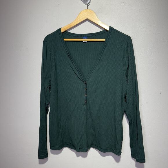Old Navy Tops - Old Navy Henley Women’s 2X Ribbed Long Sleeve Top Green Button V-Neck Tee Casual